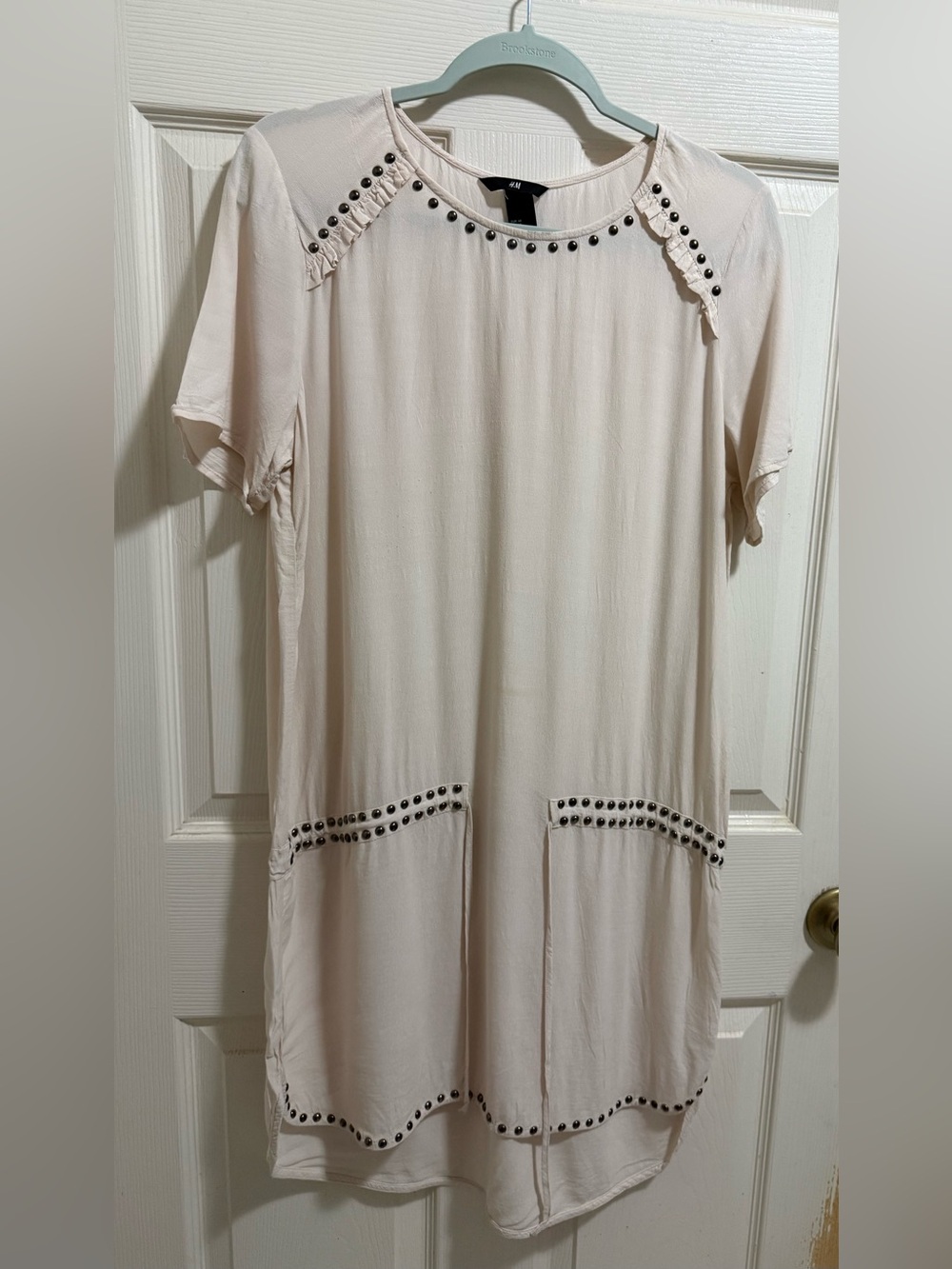 H&M Light Cream Short Sleeve Tunic with Stud Trim